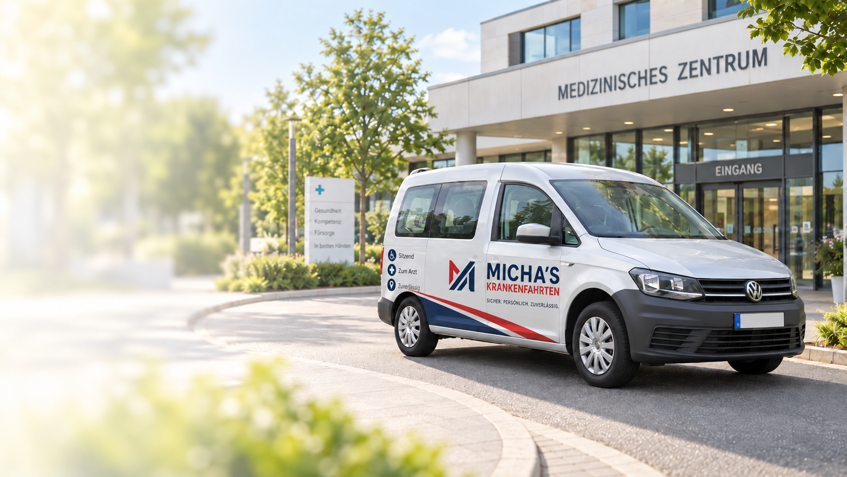 Krankenfahrzeug von Michas Krankenfahrten vor einem medizinischen Zentrum