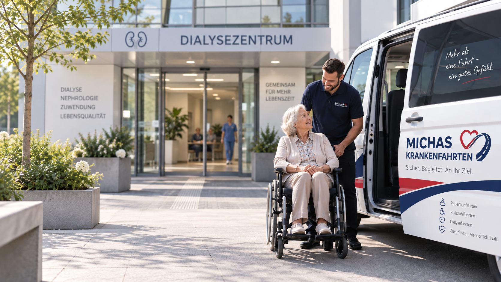 Fahrer von Michas Krankenfahrten begleitet eine Patientin im Rollstuhl zum Fahrzeug
